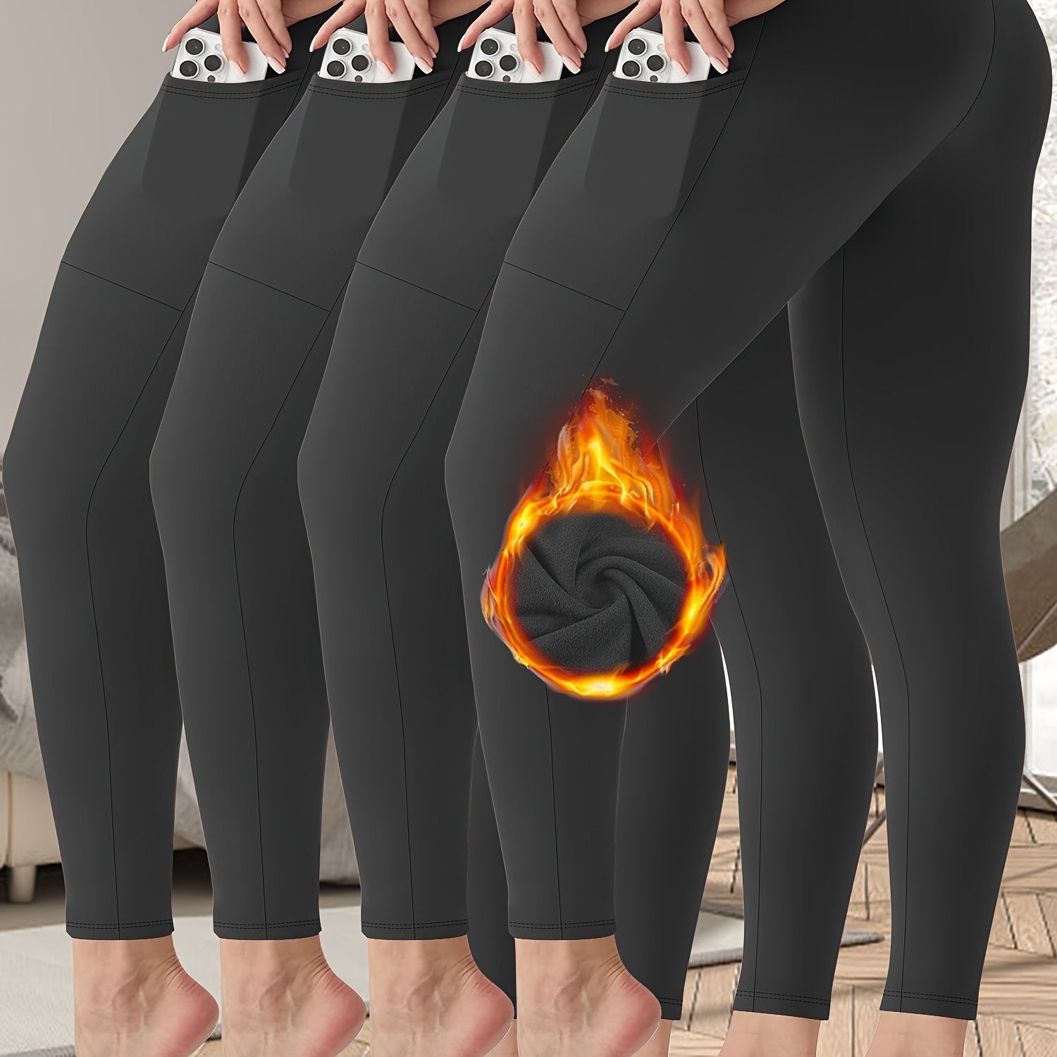 Leggings de cintura alta con forro de felpa y bolsillos para otoño/invierno