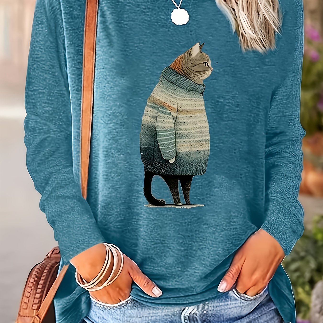 Women's Long Sleeve T-Shirt with Geometric Cat Print Casual Top