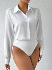 Body de manga larga de color sólido para mujer con cuello y botones en el frente