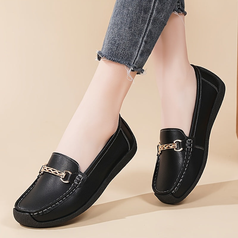 Women's Faux Leather Slip-On Loafers with Golden Chain Accents for Casual All-Season Use