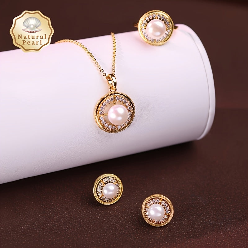 Women’s Freshwater Pearl Jewelry Set Necklace Earrings Ring Gift Box