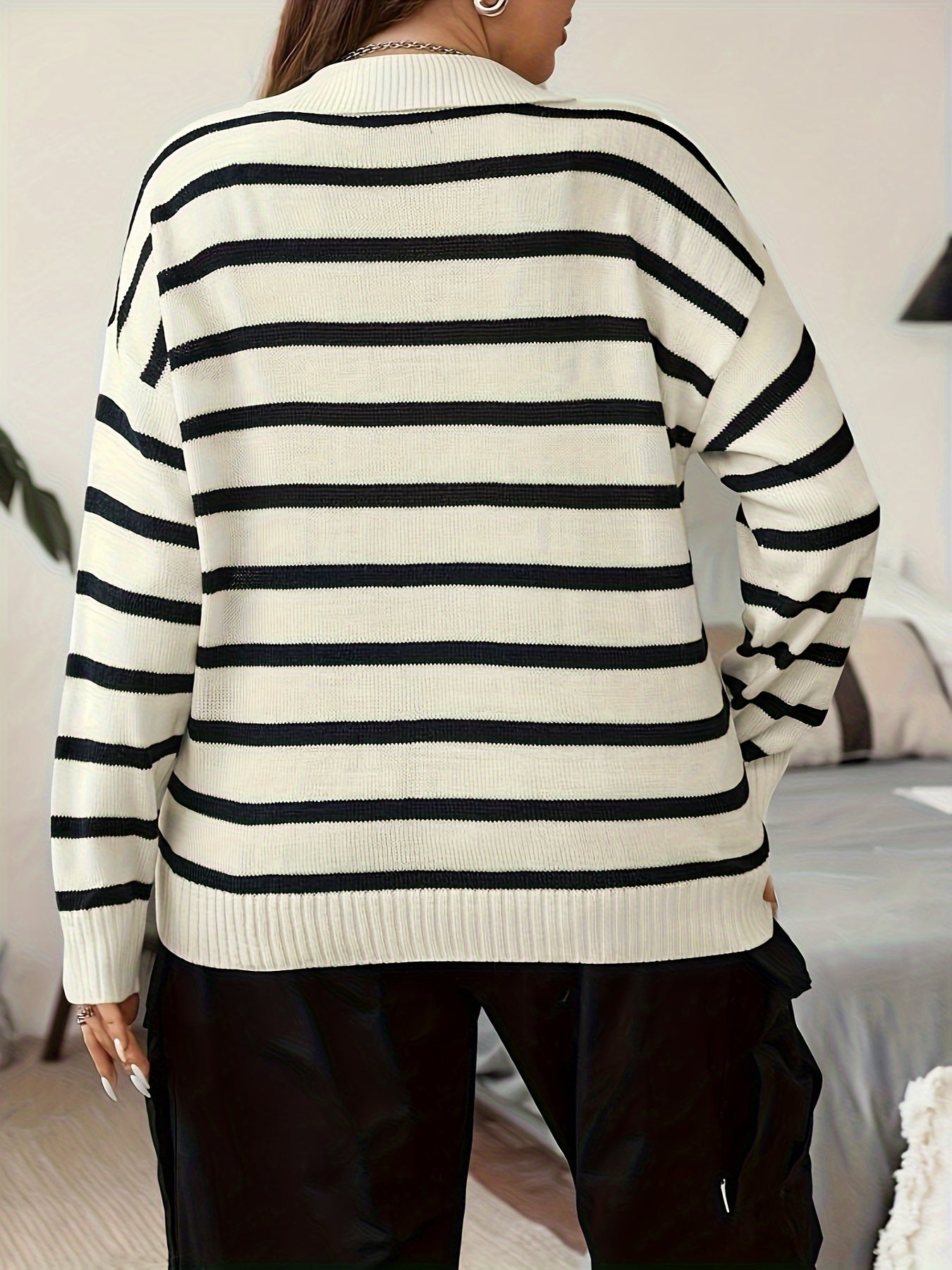 Plus Size Women's Striped Knit Long Sleeve Pullover Top for Fall Winter