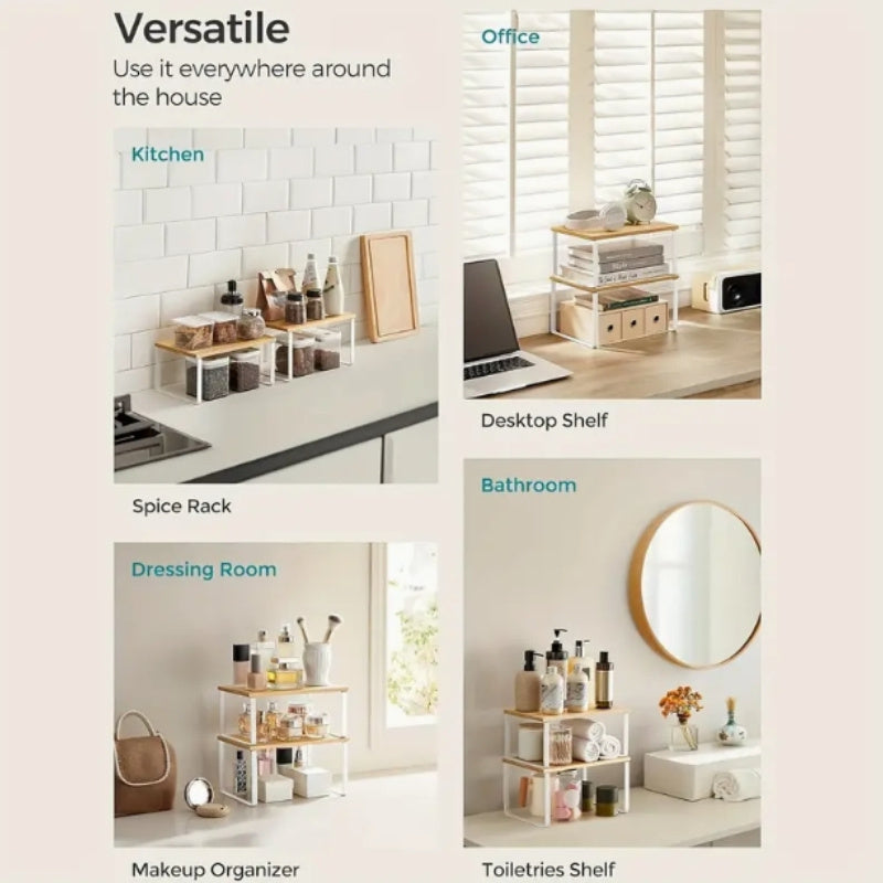 Expandable Wooden Bamboo Spice Rack with Stackable Storage for Kitchen Counter