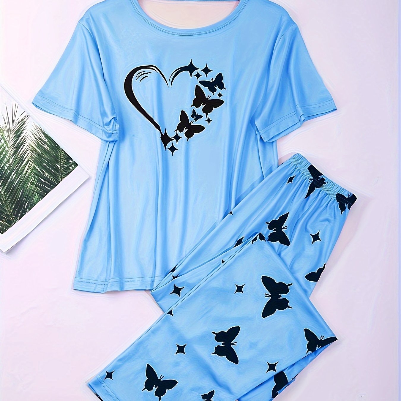 Women's Heart and Butterfly Print Pajama Set Short Sleeve Top Loose Long Pants Lounge Sleepwear