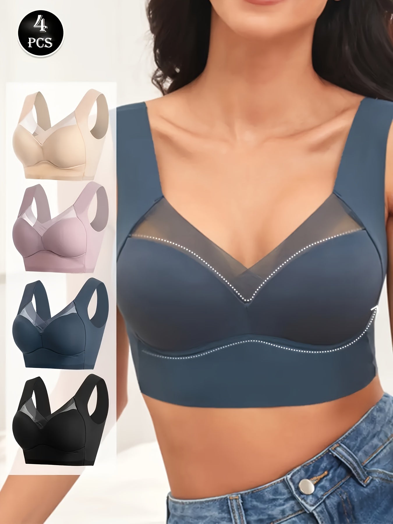 Plus Size Womens Seamless Breathable Mesh V-Neck Sports Bras Set