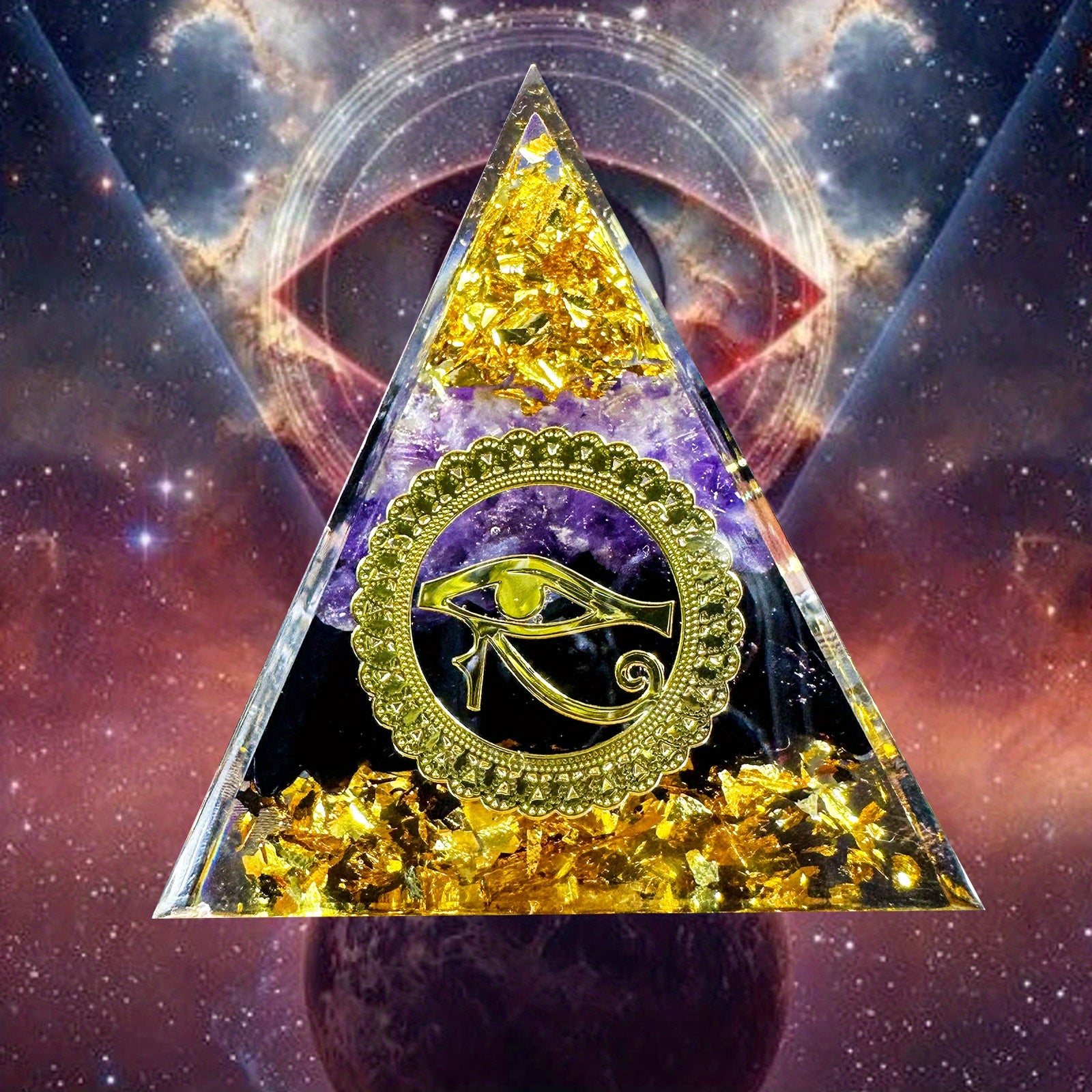 Аметистовая оргонная пирамида с египетским символом Глаз Гора для медитации, исцеления и богатства
