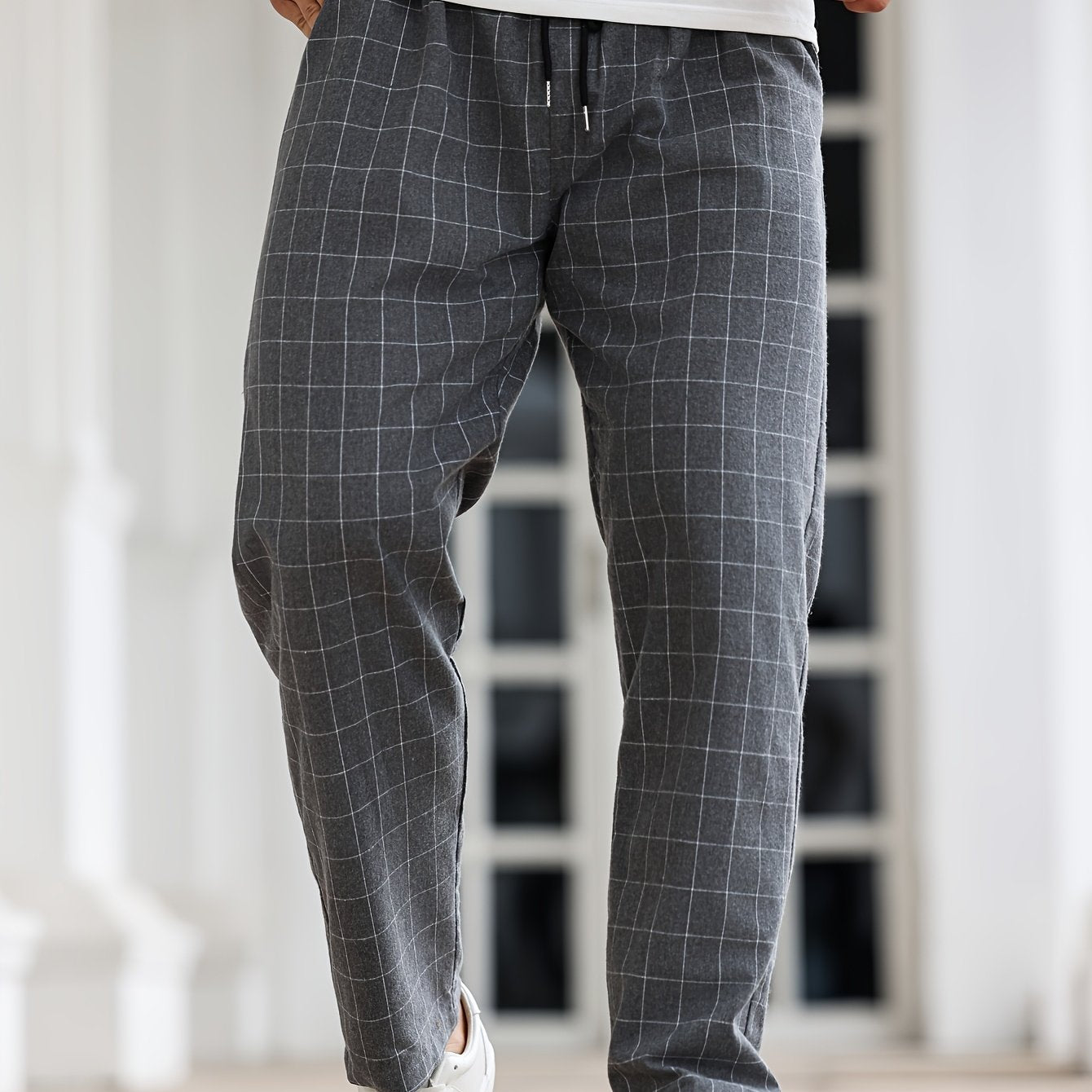Men's Black and White Plaid Sleep Pants with Drawstring Polyester Lounge Casual