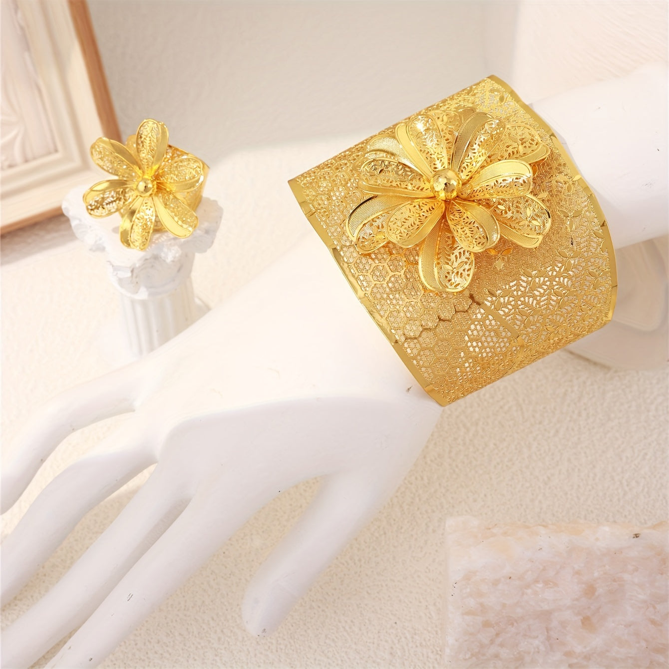 Vintage-Inspired Women's Jewelry Set with Gold Metal Flower Cuff Bracelet and Ring