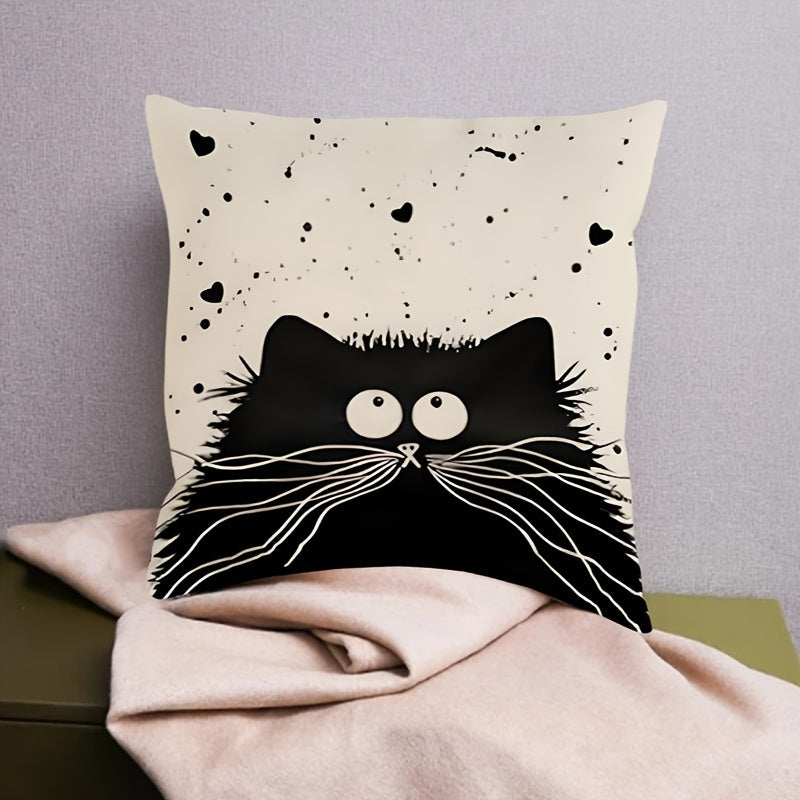 Soft Cotton Cushion Cover with Whimsical Cat Design, Zipper Closure, Easy Care