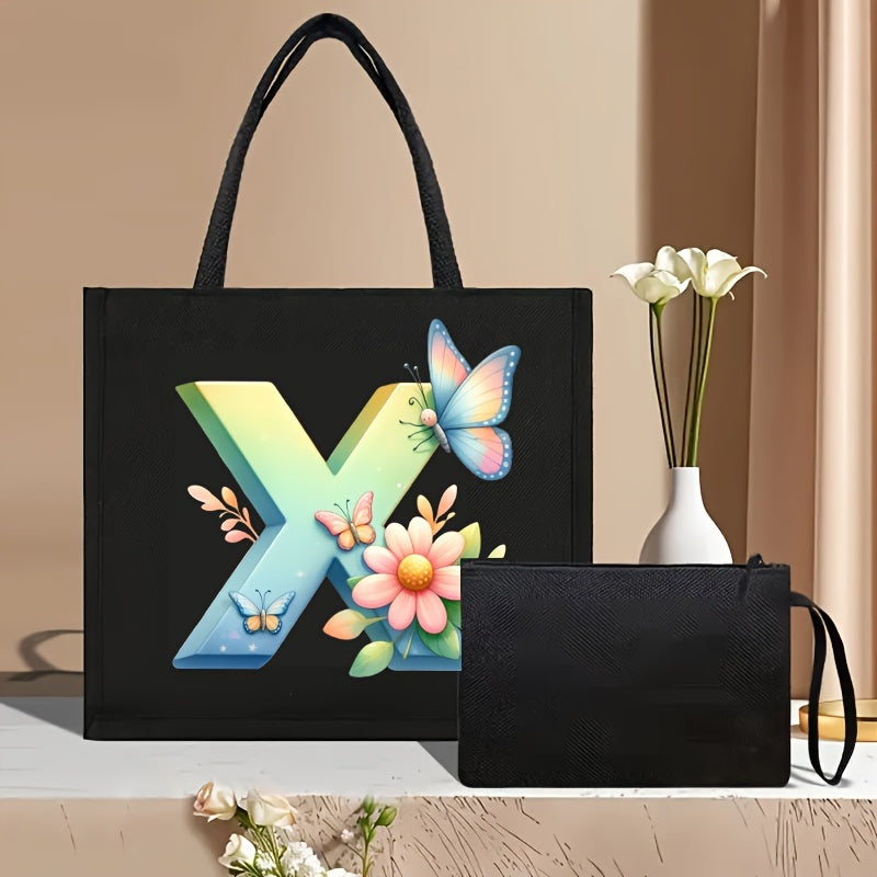 Set of 2 Floral Letter Print Canvas Tote Bags Large Handbag with Clutch Pouch