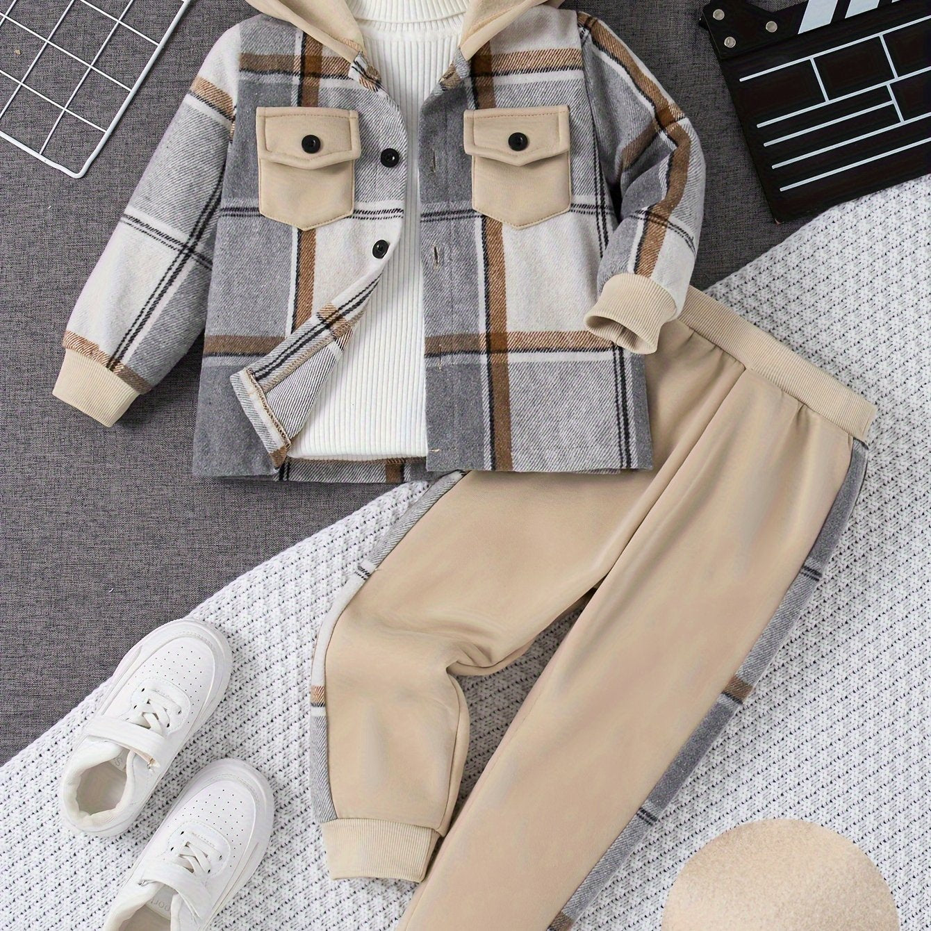 Boys' Plaid Hoodie and Joggers Set Long Sleeve Spring Fall Casual