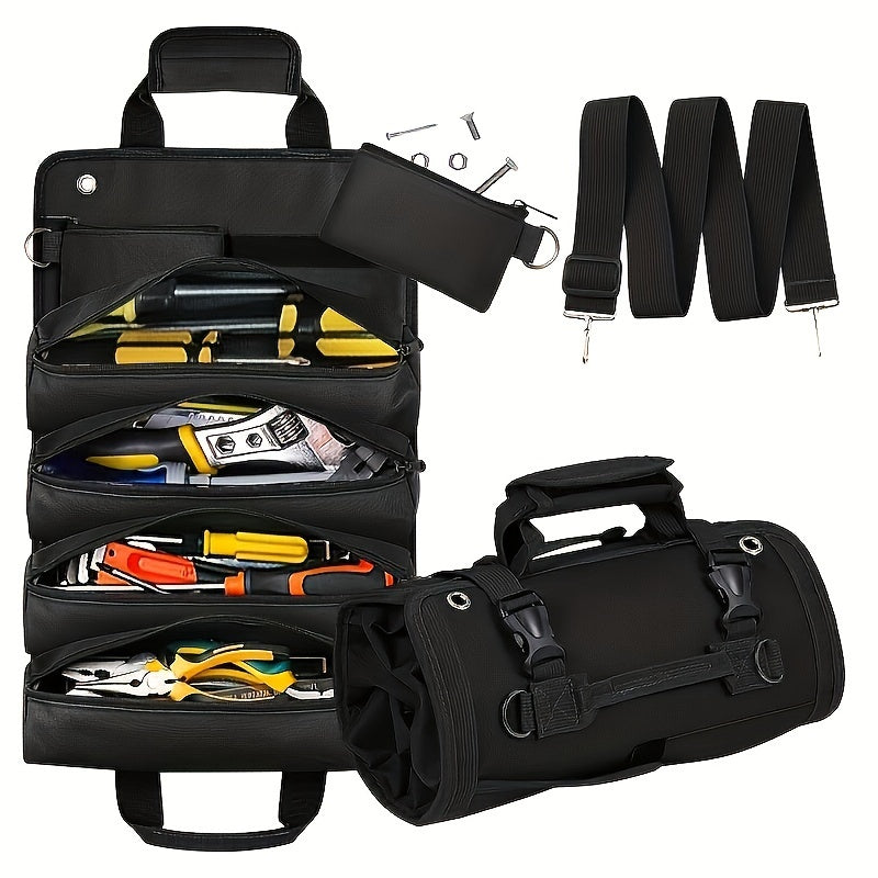 Multi-Pocket Roll-Up Tool Organizer Bag Waterproof Polyester for Electricians Mechanics Black