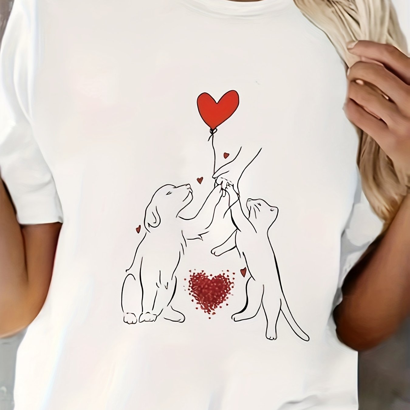 Women's Plus Size T-Shirt with Dogs and Heart Graphic Short Sleeve Casual Top