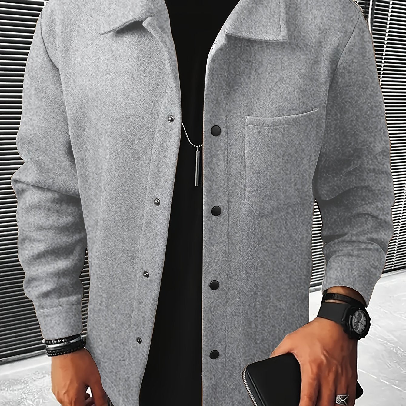 Men's Plus-Size Casual Wool Blend Jacket with Front Pocket and Turn-Down Collar