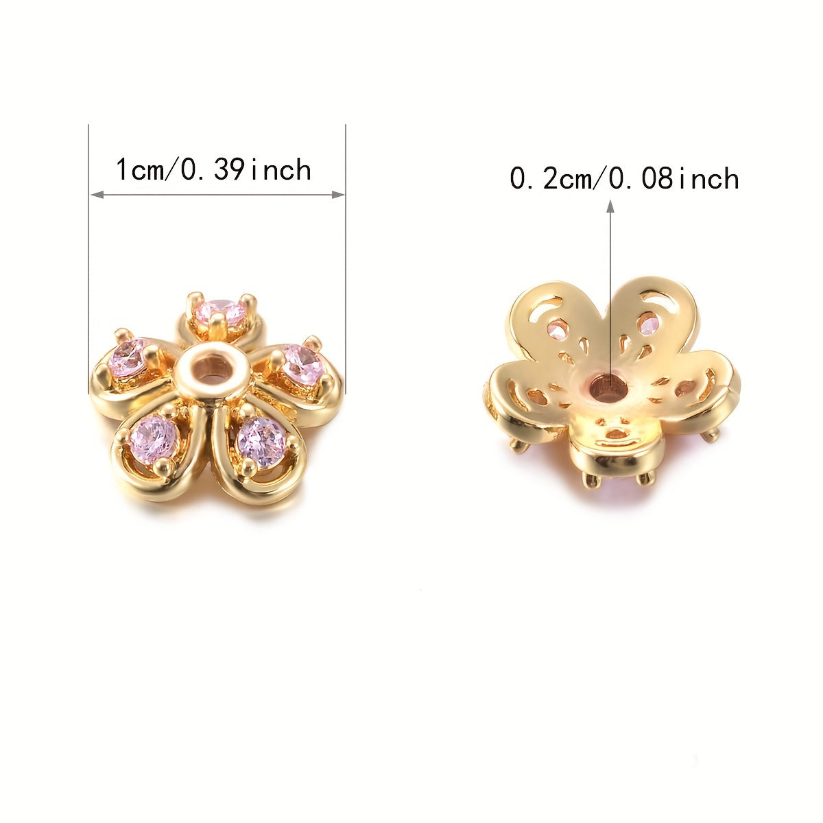 Brass Flower Bead Caps Set of 20 with Synthetic Cubic Zircons 6mm 8mm 10mm