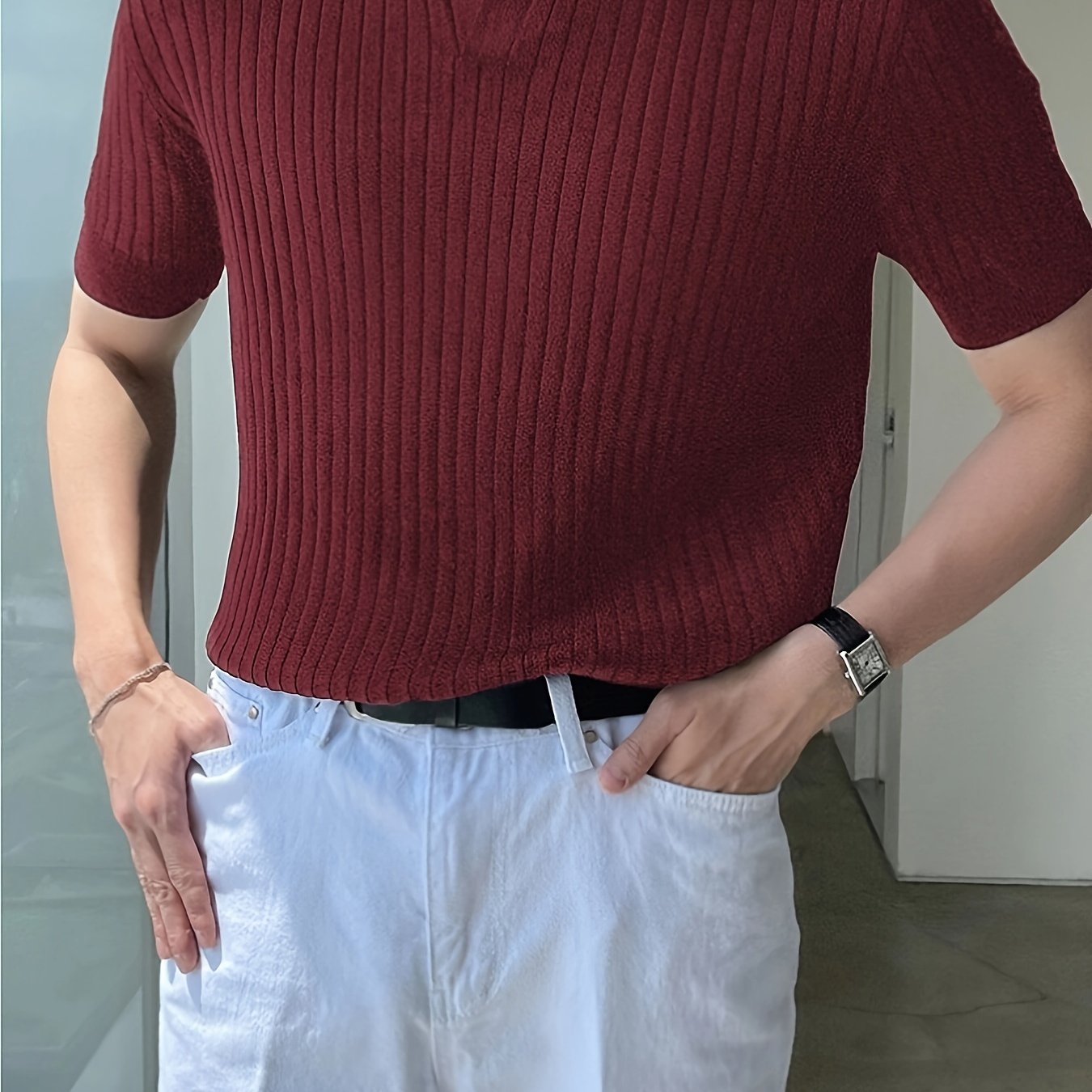 Men's Solid Ribbed Short Sleeve Golf Shirt Casual Summer Regular Fit Mid Stretch