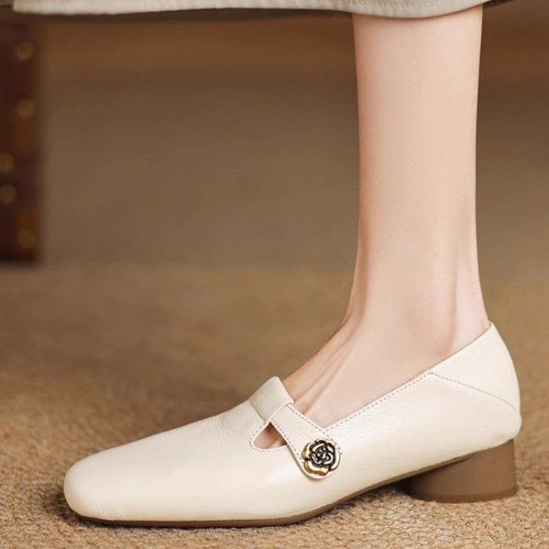 Women’s Beige Faux Leather Loafers with Block Heel and Decorative Button