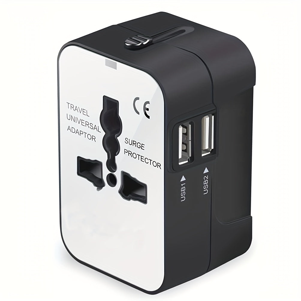 Adaptador de cargador de viaje universal con puertos USB duales, convertidor de enchufe multi-región, protector contra sobretensiones