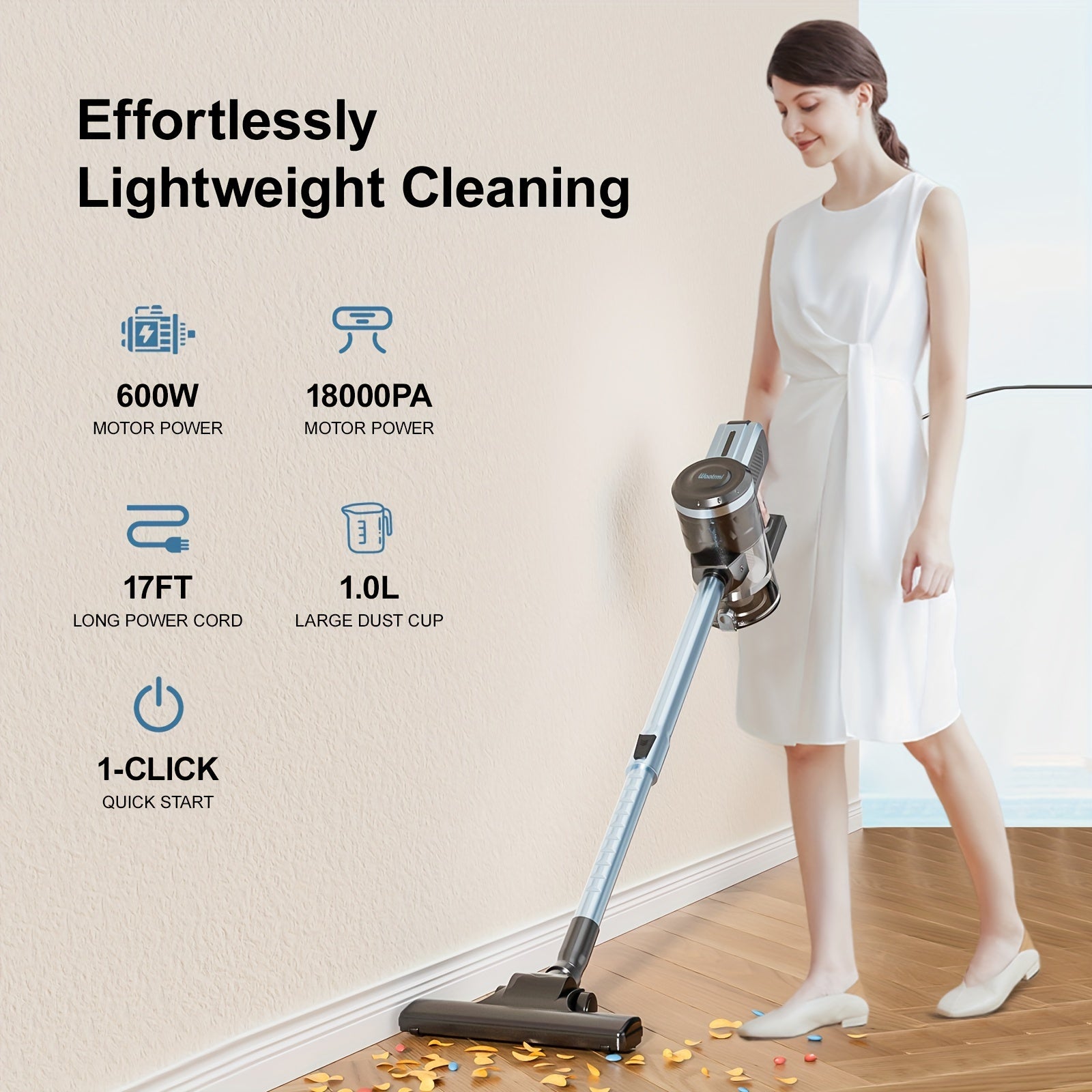Lightweight EU Plug Vacuum Cleaner with Powerful Suction 18000Pa 1.2L Corded