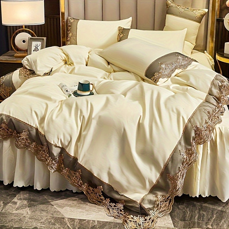 Lace Bedding Set with Quilt Cover and Pillowcases in Multiple Colors Solid Pattern All-Season Polyester