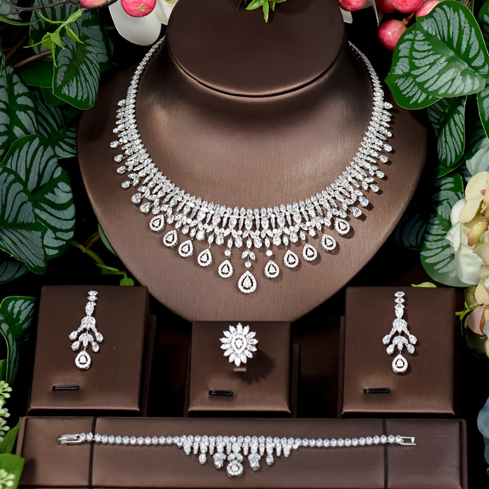 Conjunto de joyería de zirconia cúbica elegante para mujeres con collar, pendientes, anillo y pulsera