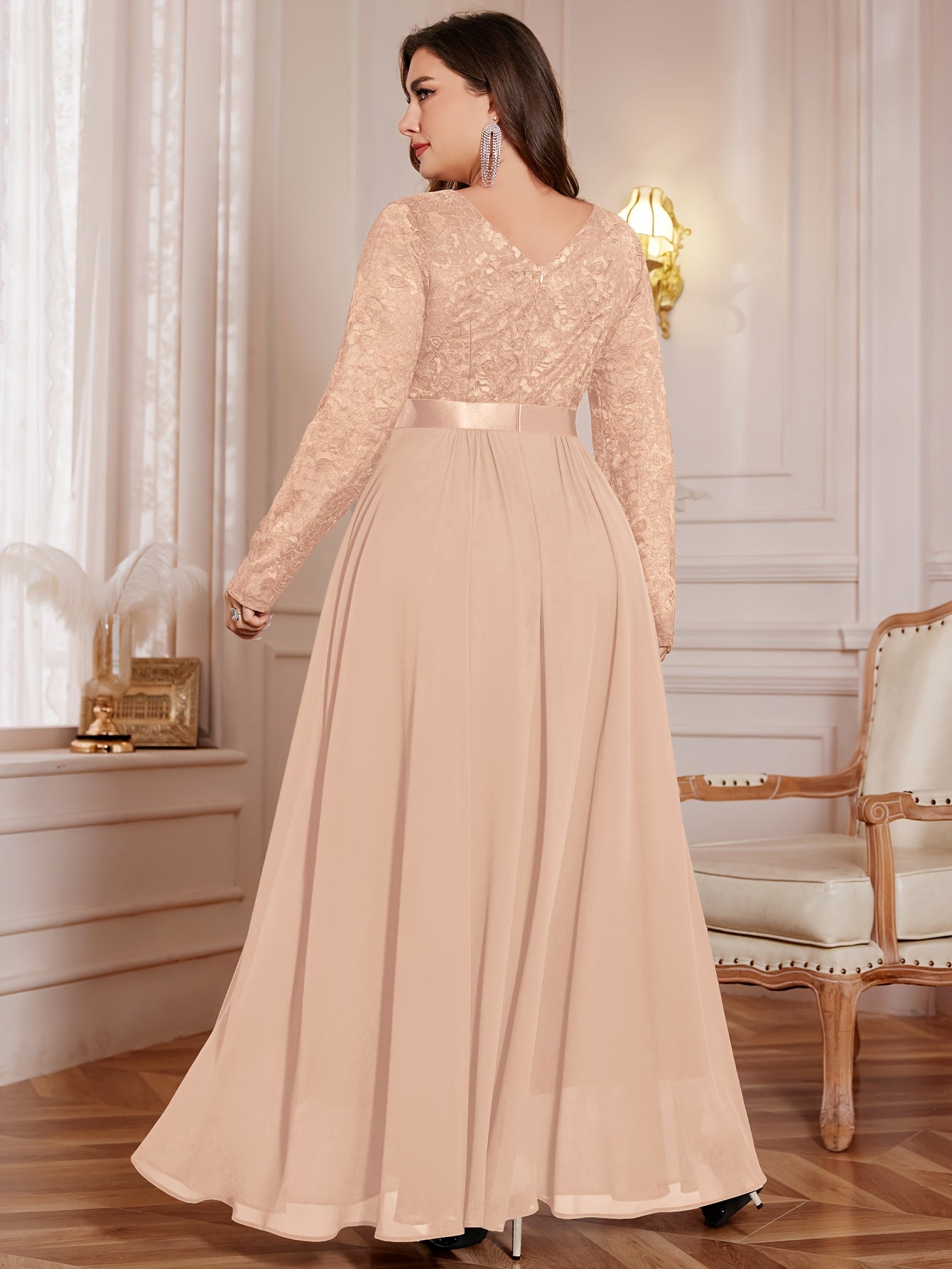 Plus Size Women’s Chiffon Long Dress V-Neck Flared Beaded Waist Party