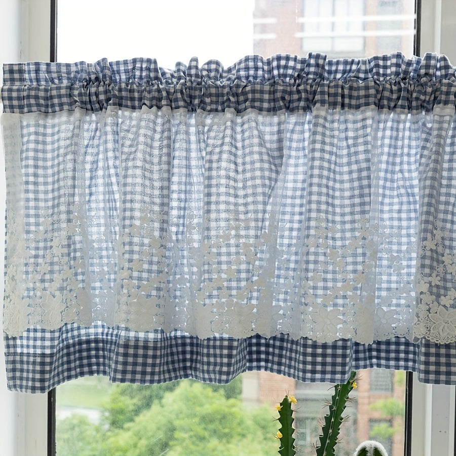 Blue Plaid Short Curtain with Lace Detailing and Rod Pocket for Living Room Kitchen Cafe