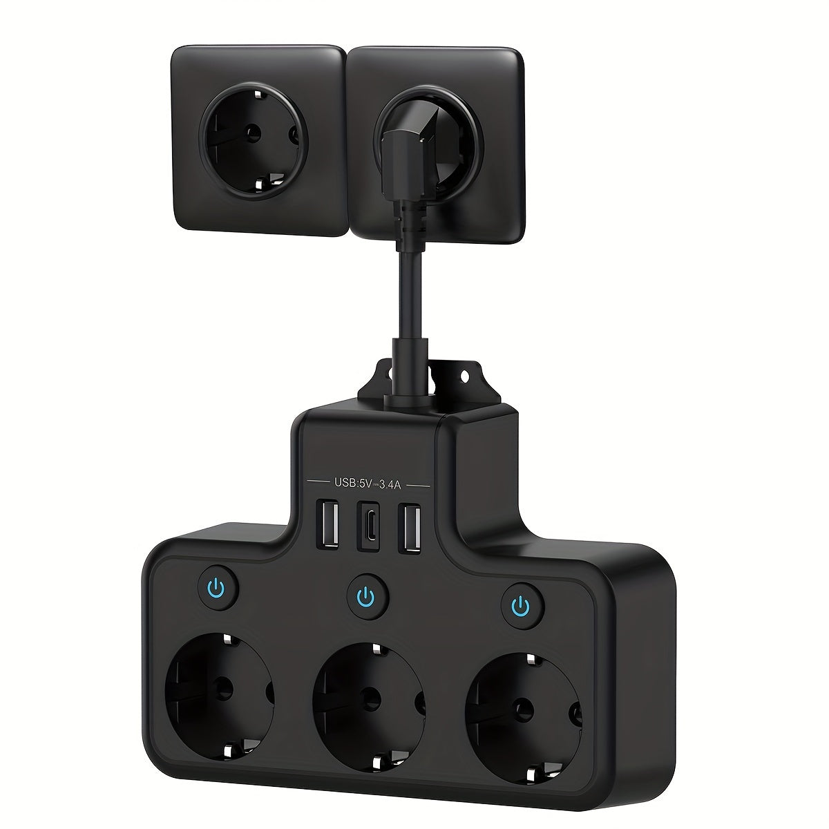 Wall-Mounted Power Strip with USB-C and Dual USB Ports for Home Office Space Saving