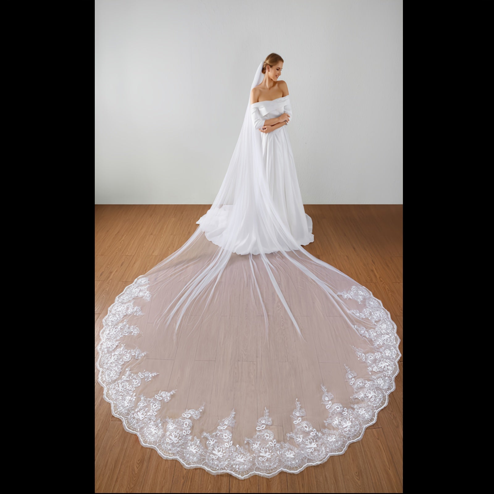 Velo de novia de encaje con lentejuelas y longitud de catedral, accesorio de boda de hilo de nylon