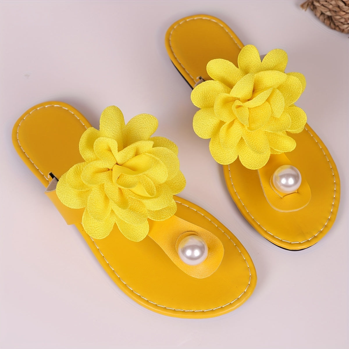 Women's Slip-On Open-Toe Flat Sandals with Floral Embellishments in Yellow