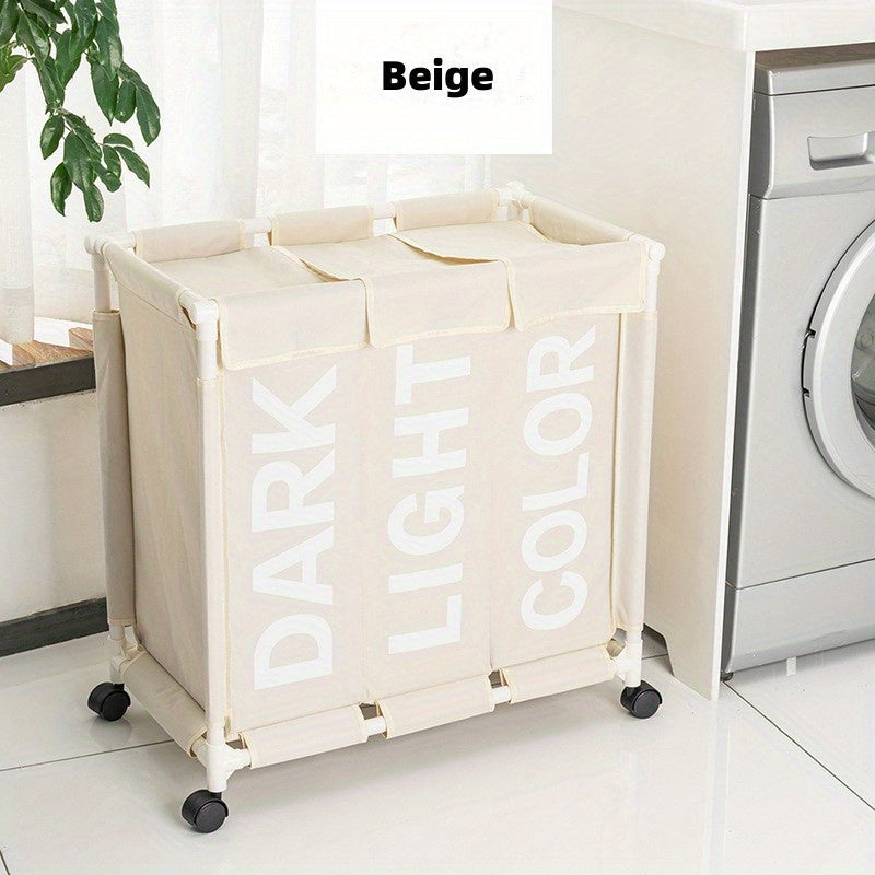 Large Waterproof Laundry Basket with 3 Compartments on Wheels for Home Organization