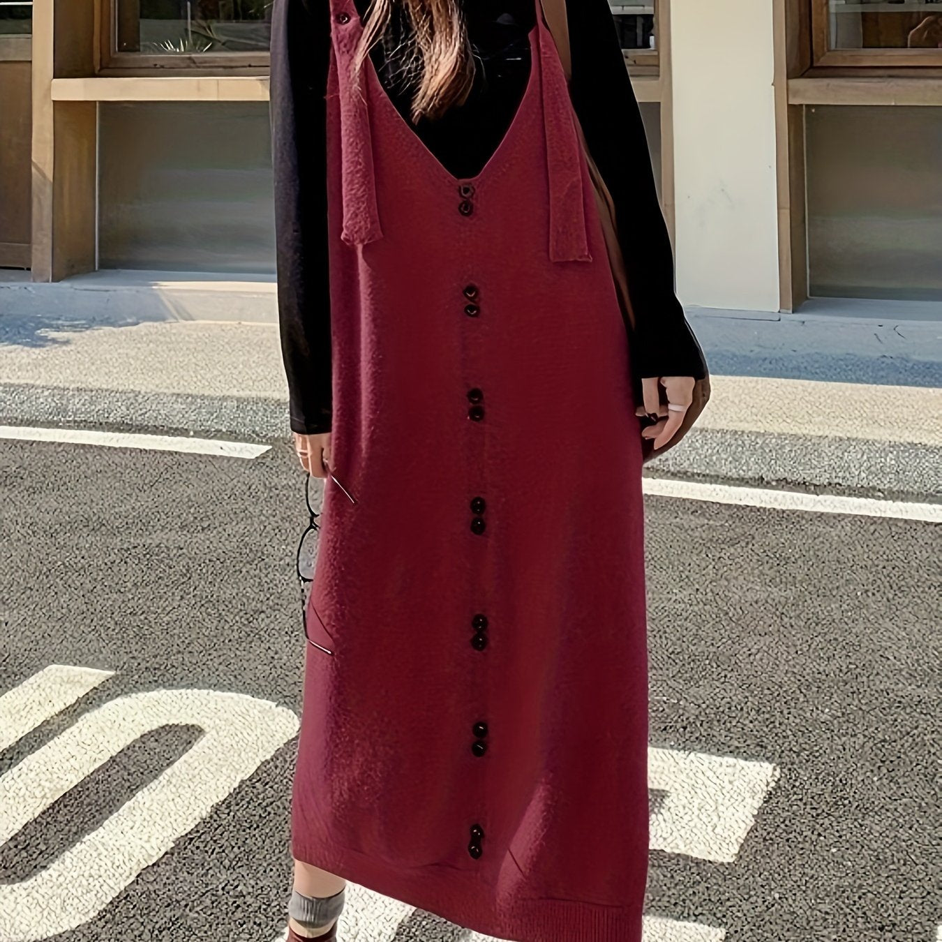 Women's Sleeveless V-Neck Maxi Dress with Buttons, Elastic Solid Color Casual Layering