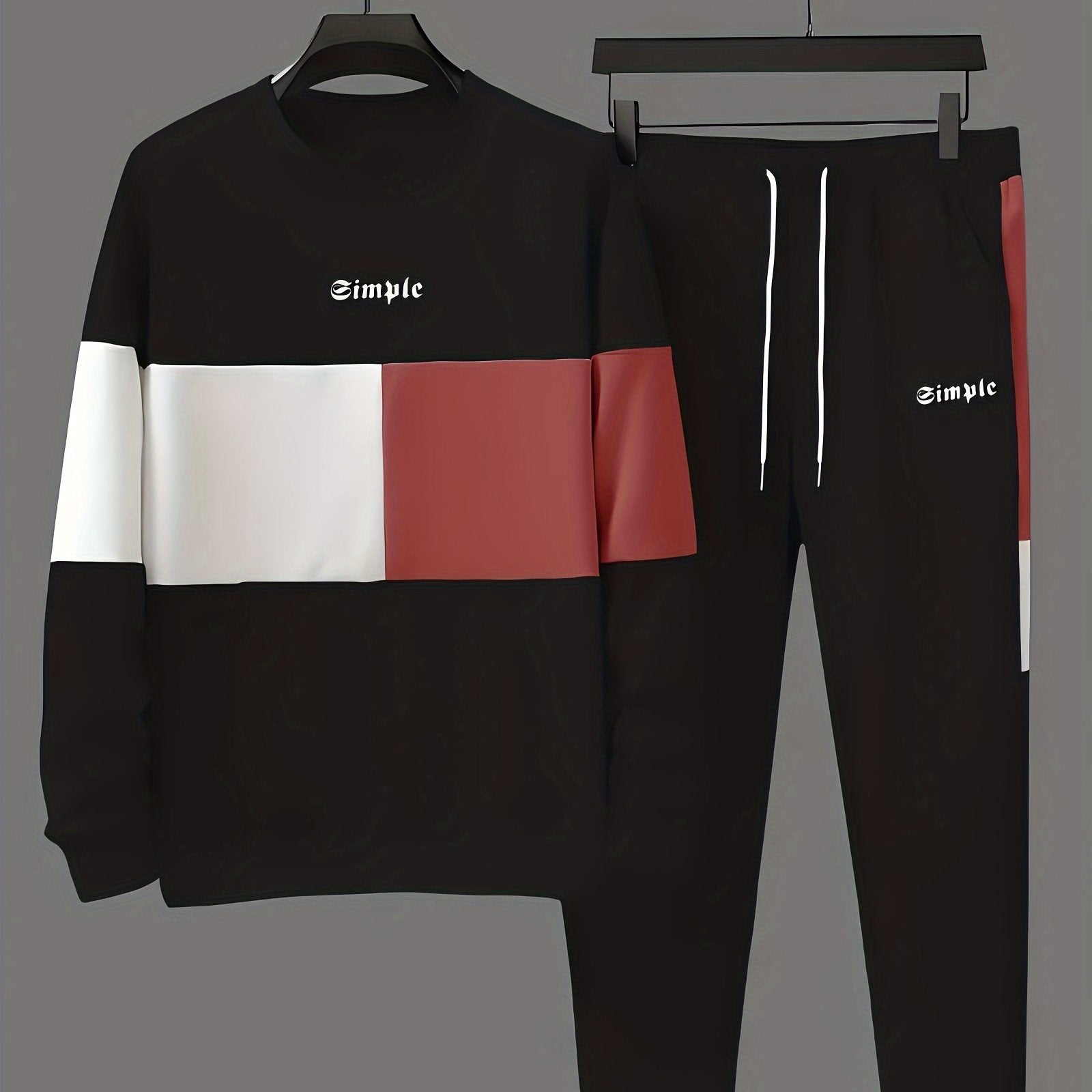 Men's Casual Outfit with Color Block Sweatshirt and Drawstring Pants Polyester Knit