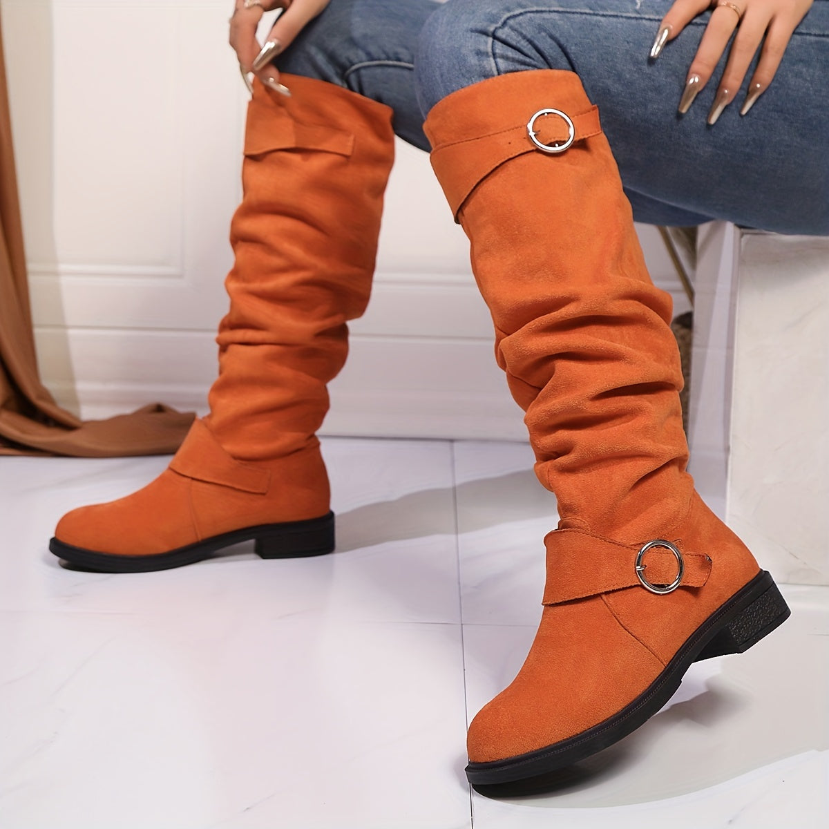 Women's Velvet Knee-High Boots with Buckle, Solid Color, Low Heel