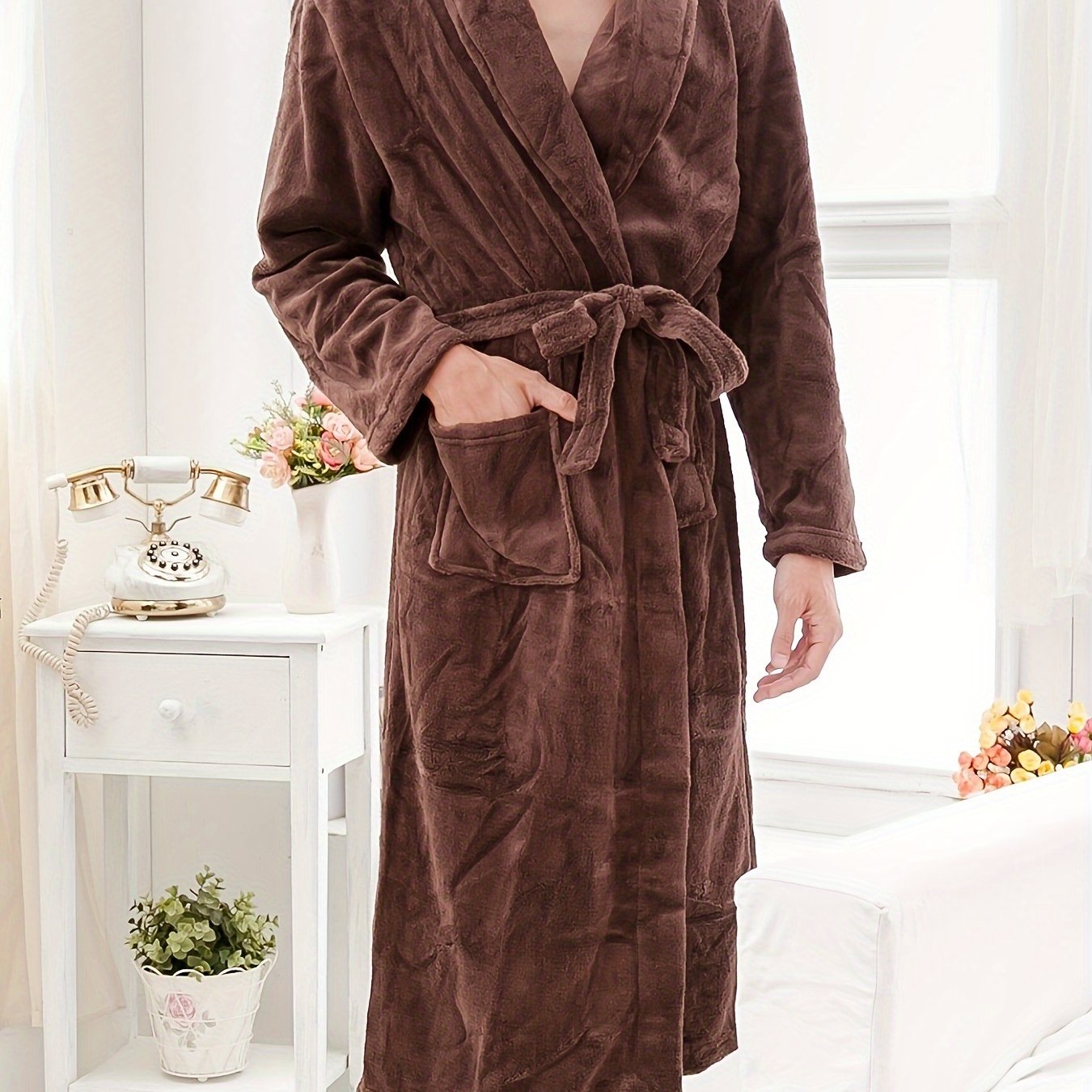 Men's Fleece Robe with Pockets Long Sleeve Casual Lounge Solid Polyester