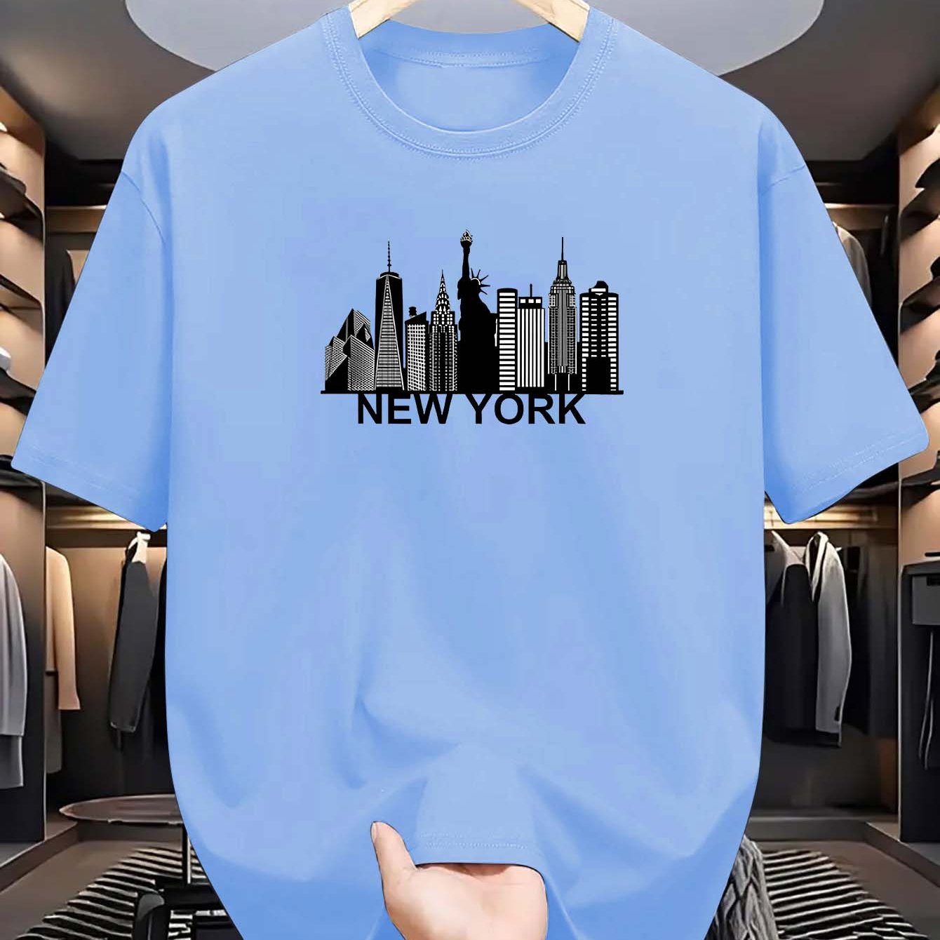 Camiseta gráfica de manga corta con cuello redondo para hombre en azul claro con skyline de NYC, verano casual, poliéster