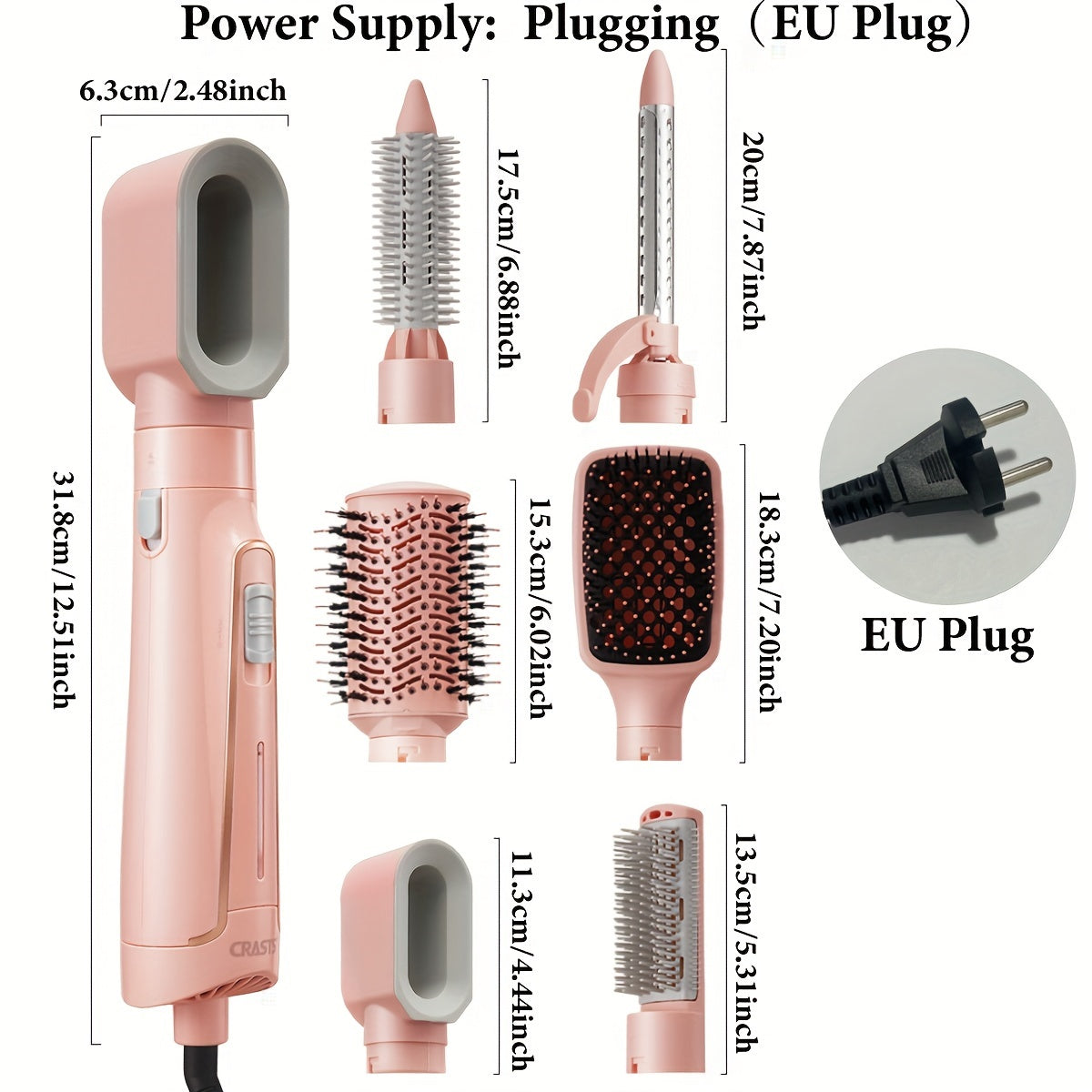 6-in-1 Soch styling to'plami 1200W issiq shamol cho'tkasi tekis temir burilish tayoqchasi tekislashtiruvchi Evropa rozetkasi