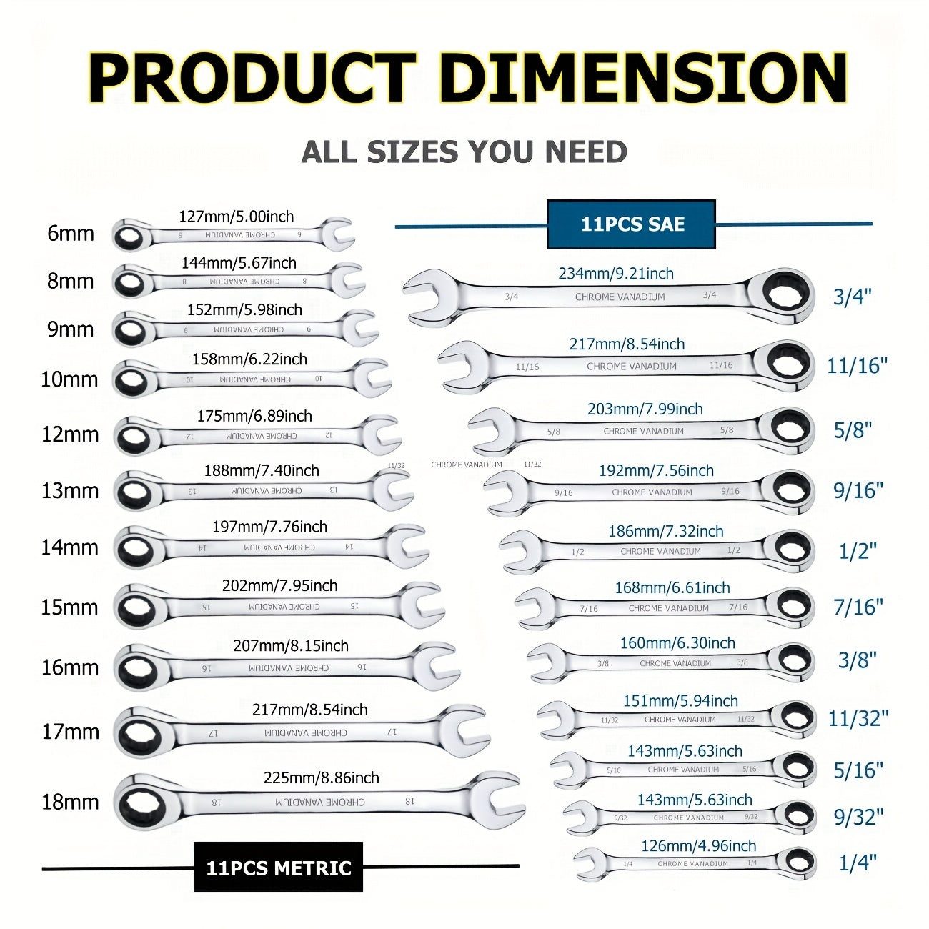 Combination Wrench 8-18mm SAE Metric, 72 Teeth, CR-V Steel, Motorcycle Car Repair