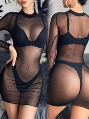 Women's Sheer Long Sleeve Dress with Charm Design Lingerie Not Included