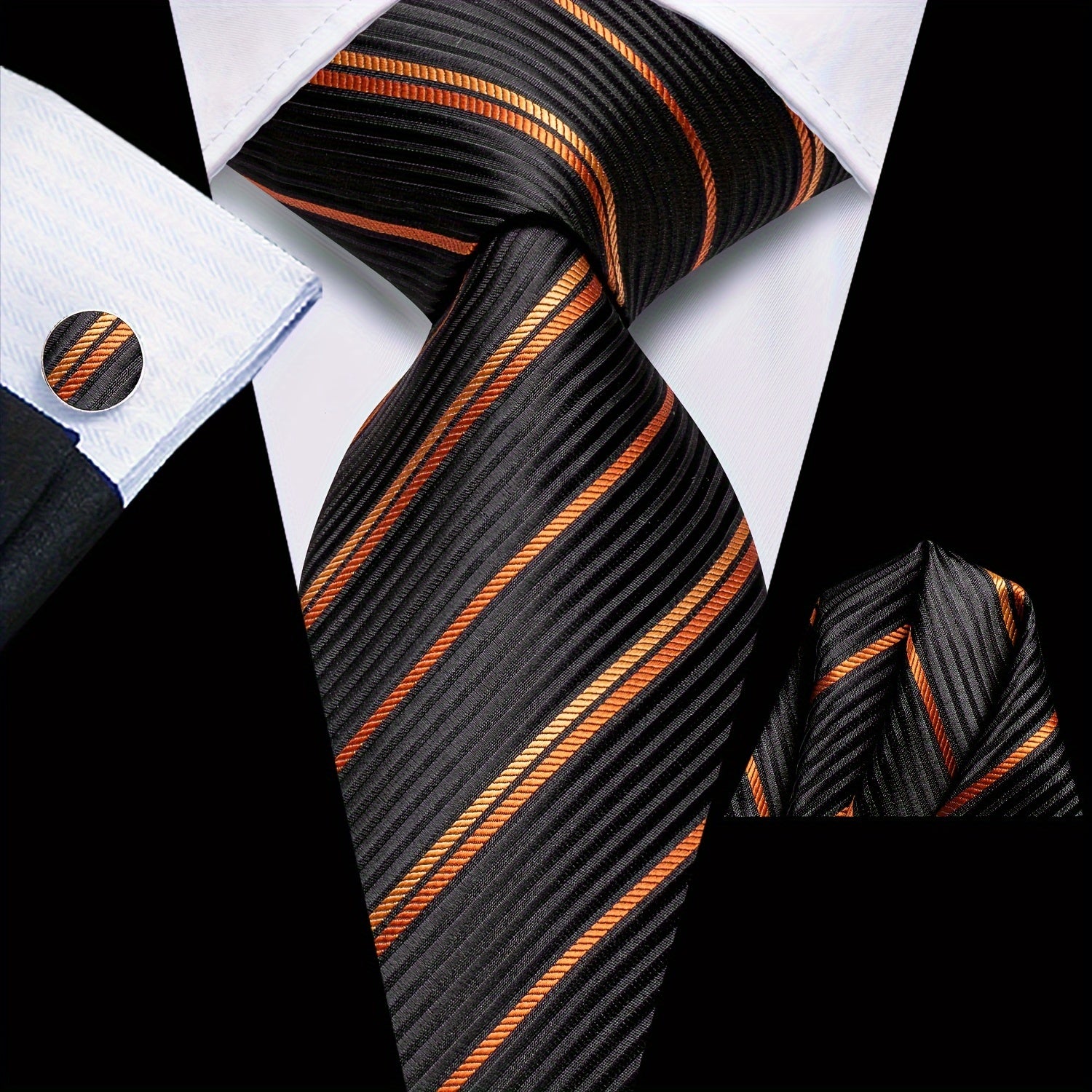 Men's Classic Striped Necktie Set with Cufflinks for Business and Party