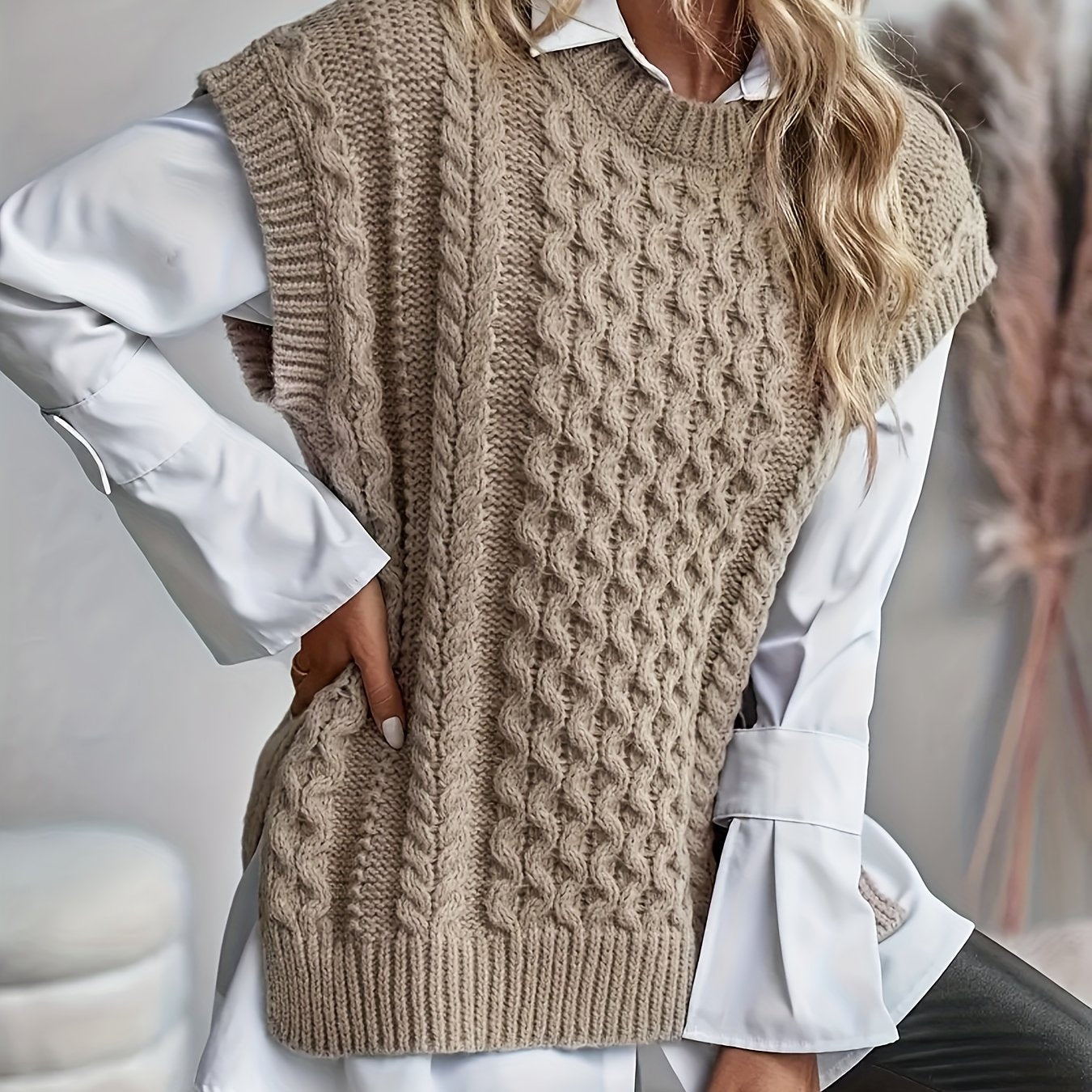 Chaleco de punto con cuello redondo de tamaño plus para mujer, color sólido, primavera y otoño