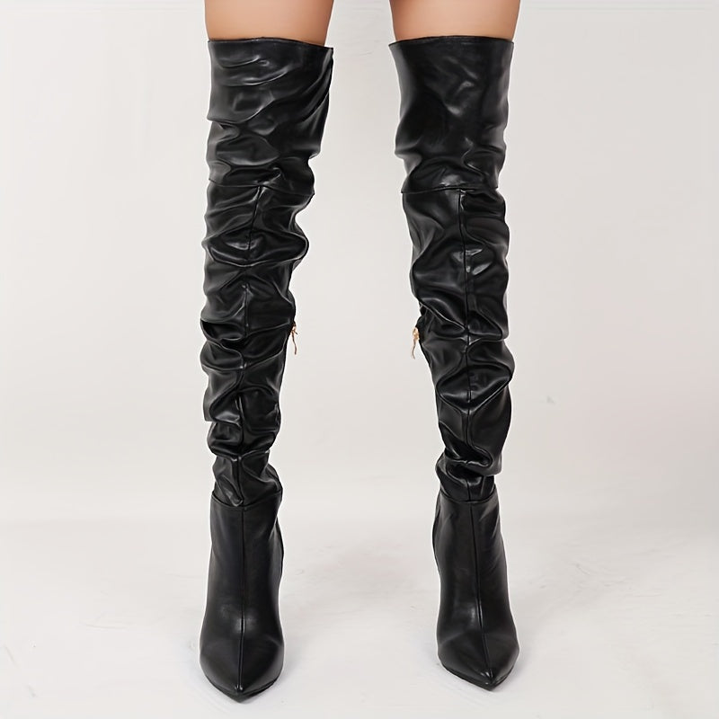 Women's Solid Color Point Toe Over The Knee Stiletto Boots with Side Zipper