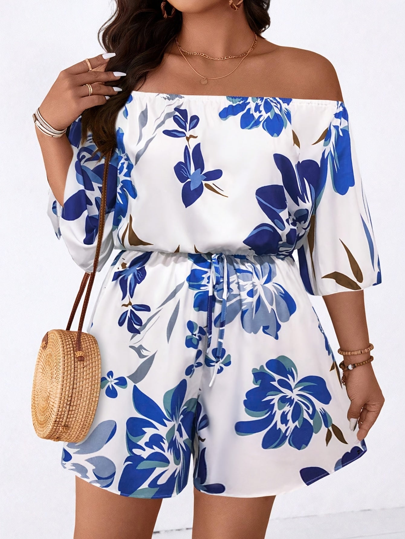 Plus Size Women's Off Shoulder Floral Jumpsuit Ruffled Hem Summer Casual
