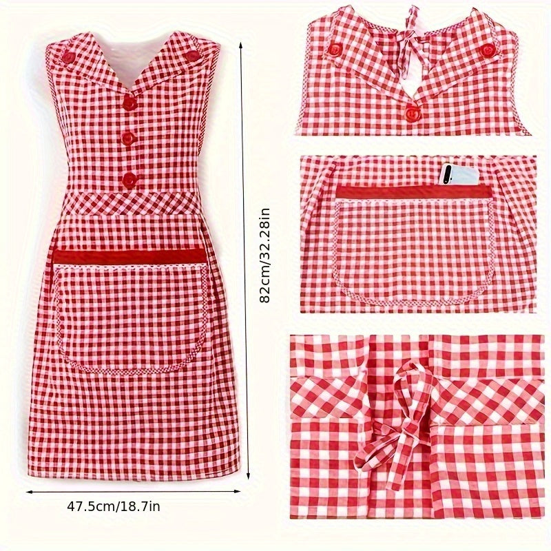 Классный клетчатый хлопковый кухонный фартук с передним карманом, безрукавный фартук в стиле платья с V-образным вырезом из трикотажной ткани, с регулируемым завязкой, модный фартук для женщин, изготовленный из смеси хлопка и полиэстера.