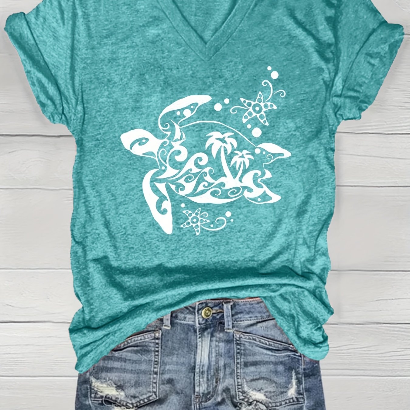 Women's V-Neck Short Sleeve T-Shirt Lightweight Polyester Summer Teal Geometric
