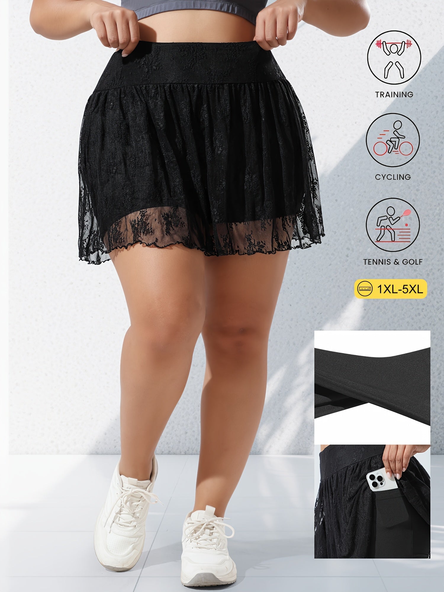 Plus Size Women's Flared Lace-Trimmed Skirt Shorts with Pockets for Casual & Yoga