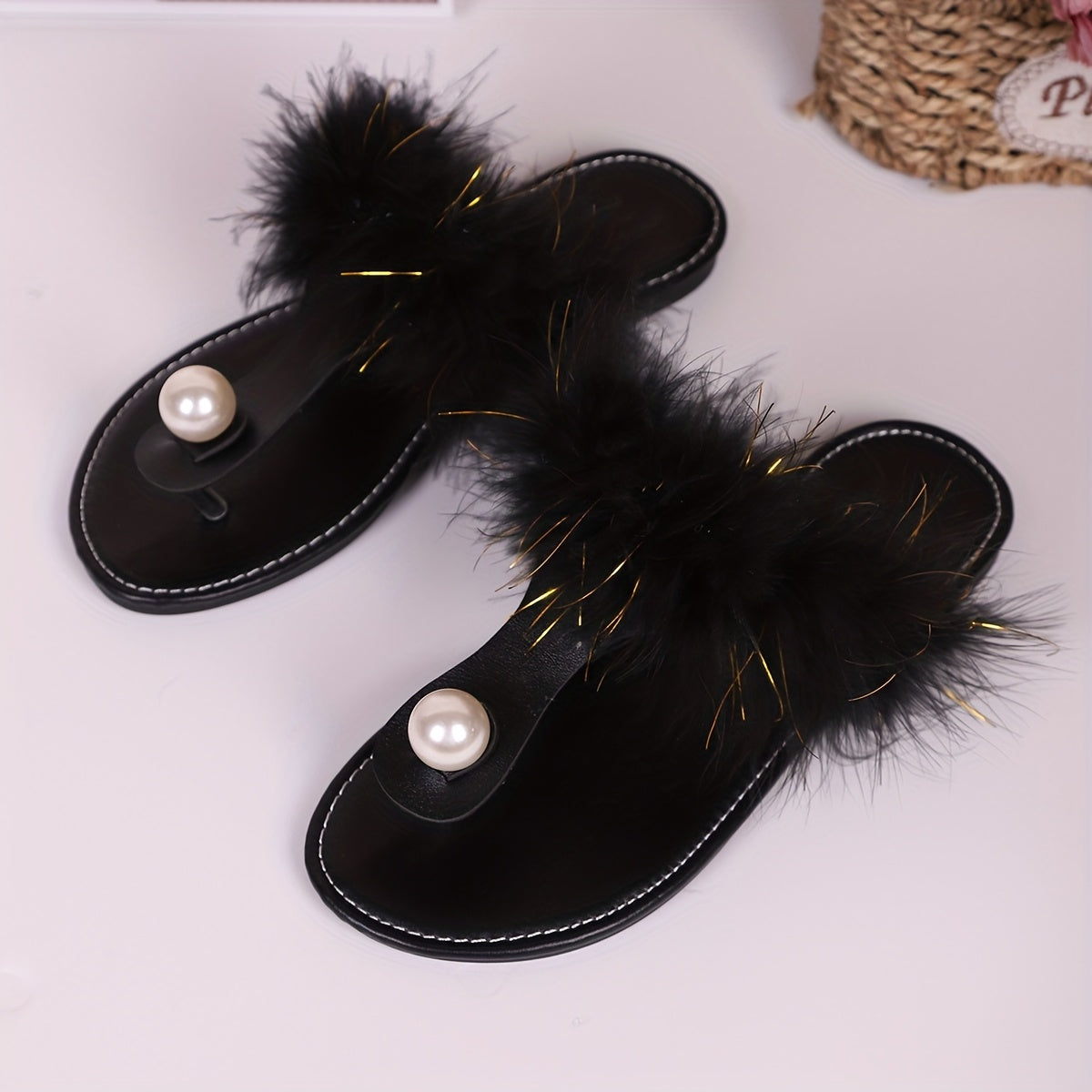 Women's Black Faux Fur Slip-On Flat Shoes with Pearl Accents