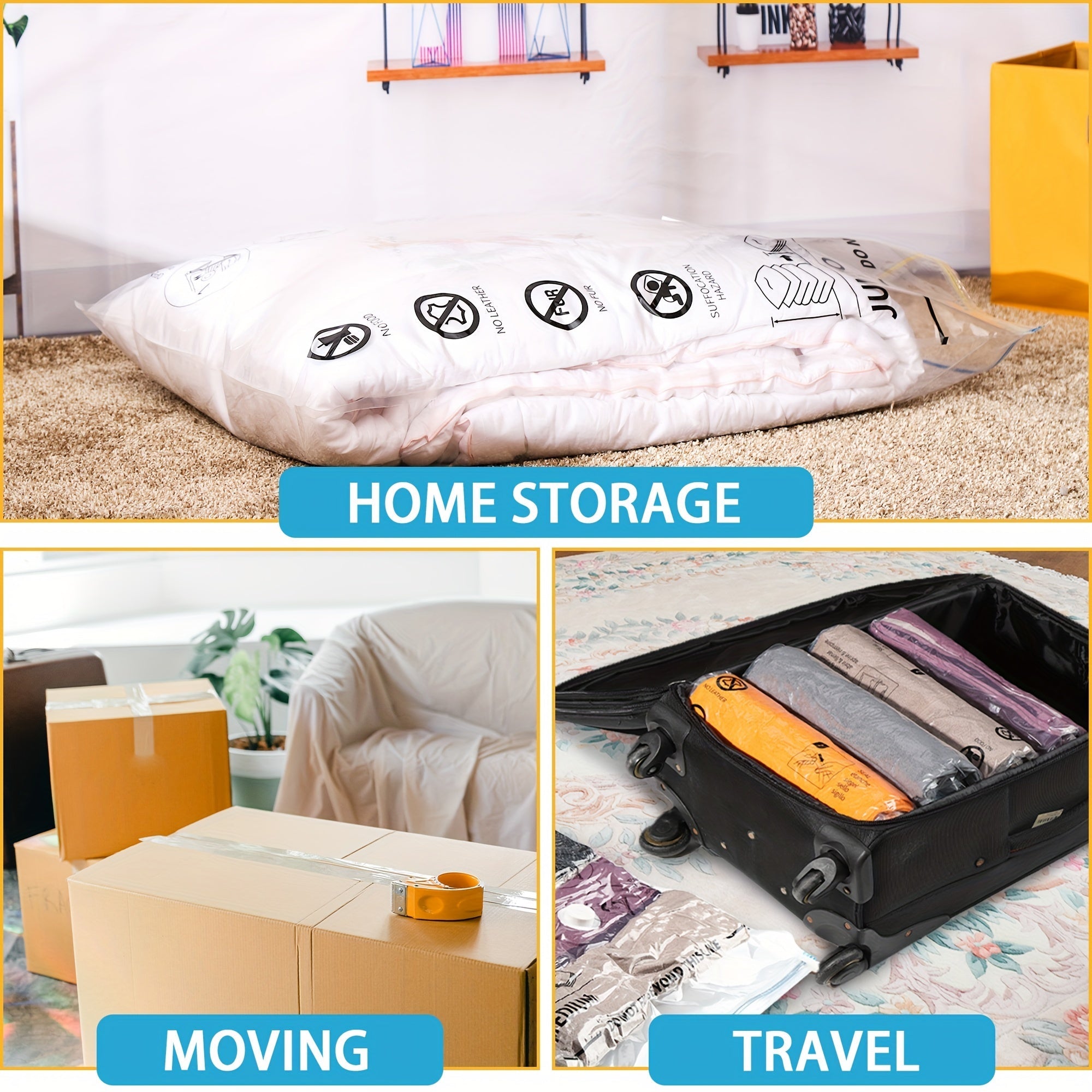 6, 8 yoki 12 ta vakuum saqlash sumkasi, qo'l nasosi bilan - kiyim, to'shak va ko'rpa uchun joyni tejovchi siqish sumkalari