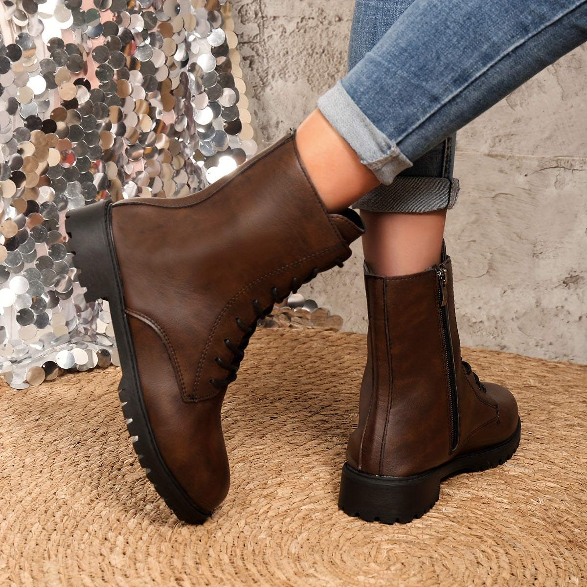 Women's Western Mid-Calf Boots Brown Synthetic Round Toe Zipper Chunky Heel