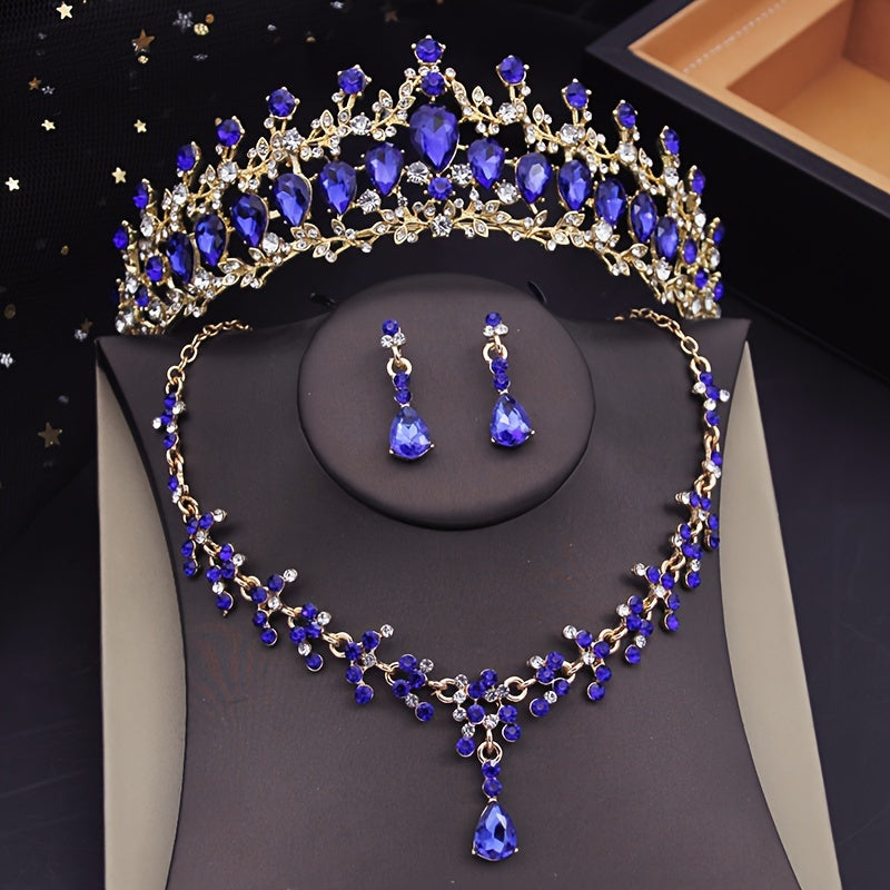 To'ylar uchun Bridal Rhinestone Crown Jewelry Set Tiara Necklace Earrings